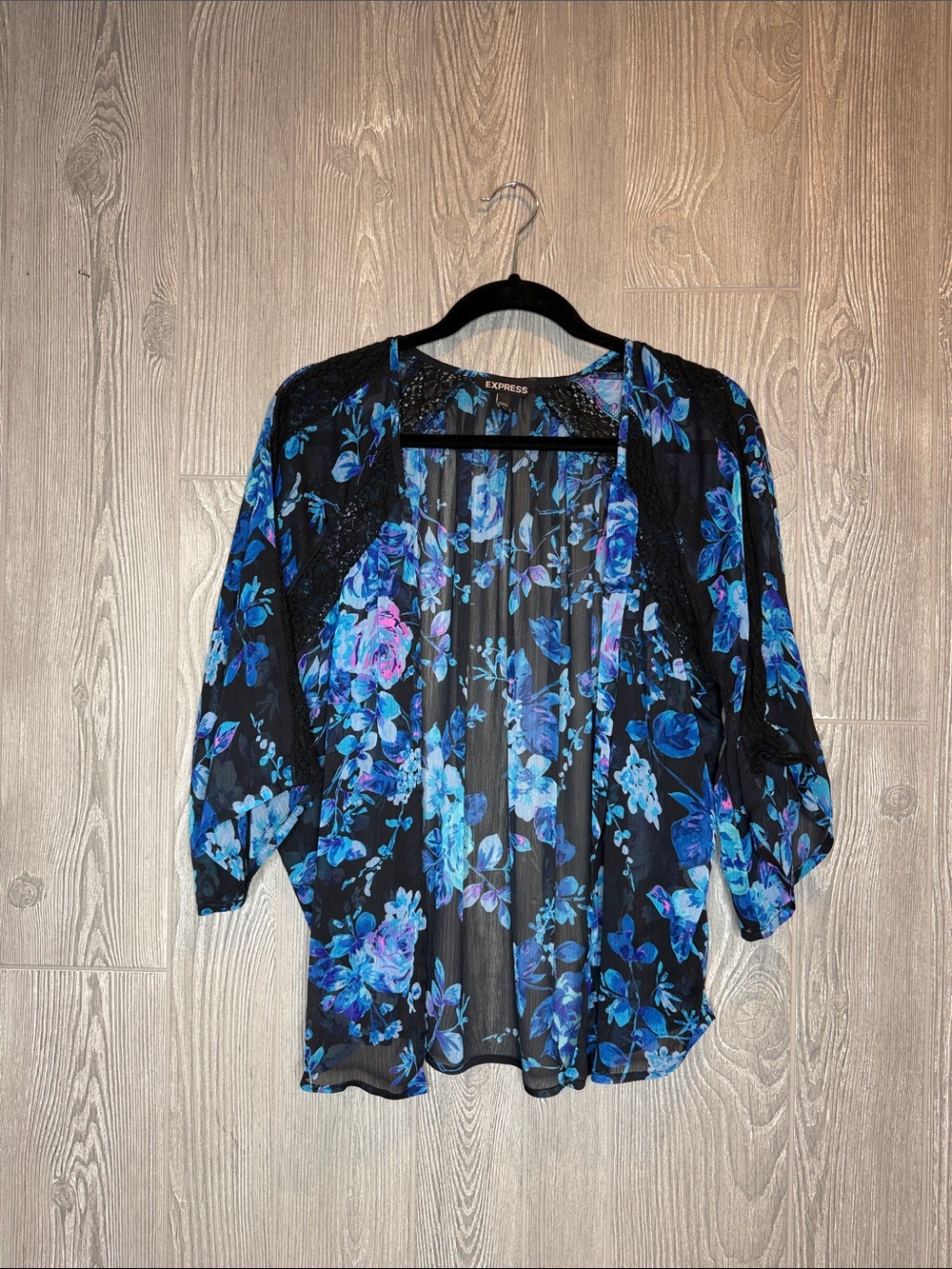 Express Black Sheer Floral Kimono Cardigan with Blue Accents